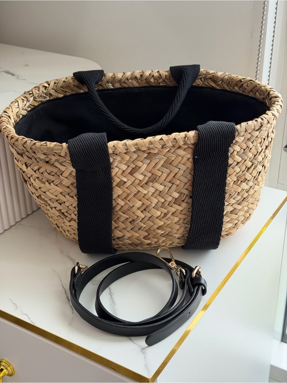 ZARA Woven Straw Basket Bag Tote with Crossbody Strap Black